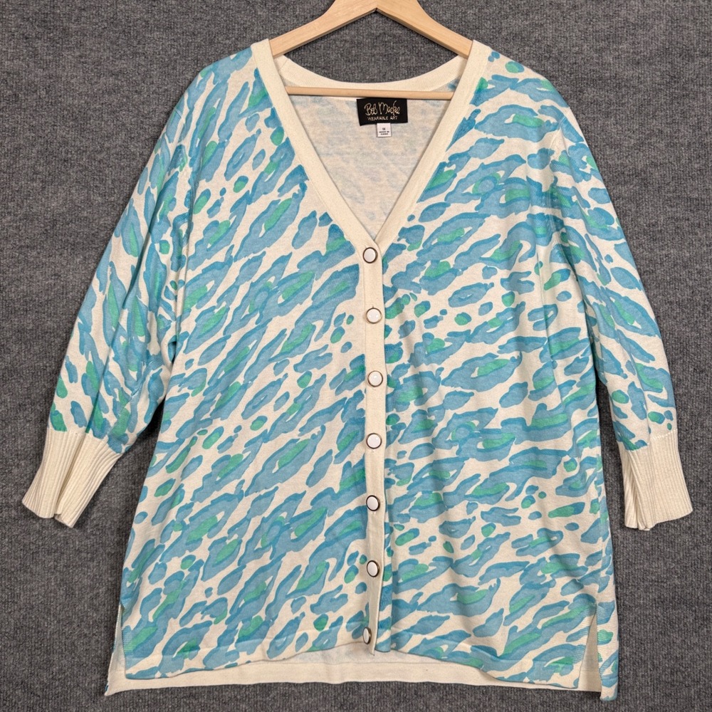Bob Makie Plus Size 1X Cardigan Sweater Blue Leopard Animal Cotton Blend Knit